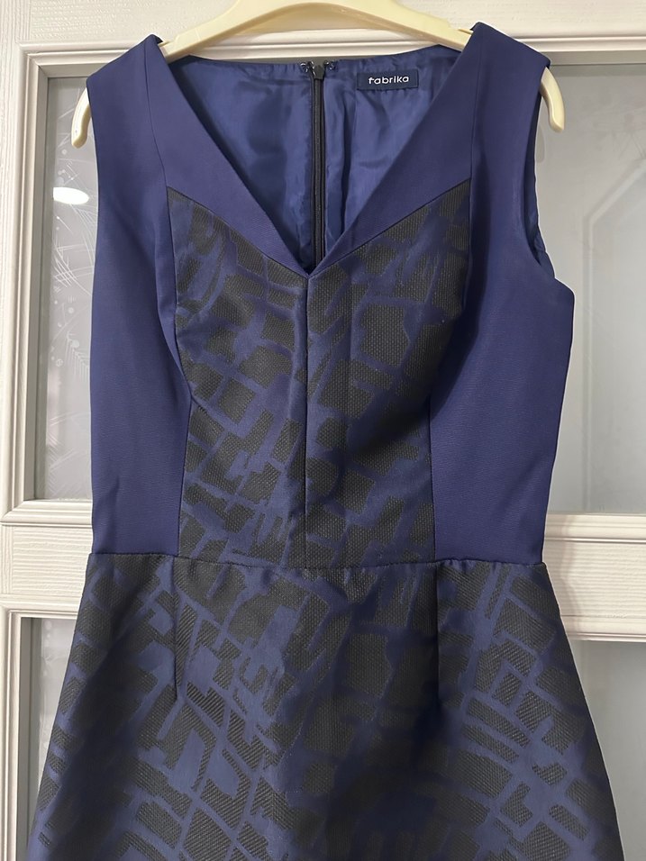 Lacivert V Yakalı Midi Ofis Elbisesi - Görsel 2