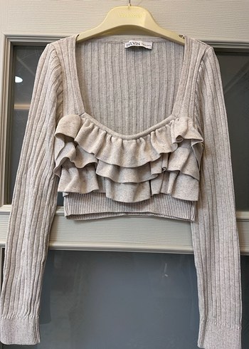 Dilvin Bej Fırfırlı crop Triko Kadın Kazak - Görsel 3