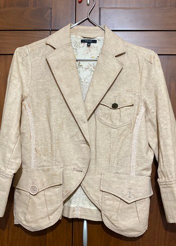 Bej Düğmeli Keten Kadın Blazer Ceket
