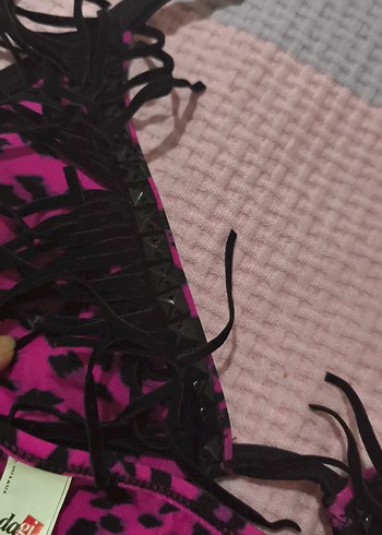 Pembe Leopar Desenli Dagi marka  üstü püskül Detaylı Bikini - Görsel 7