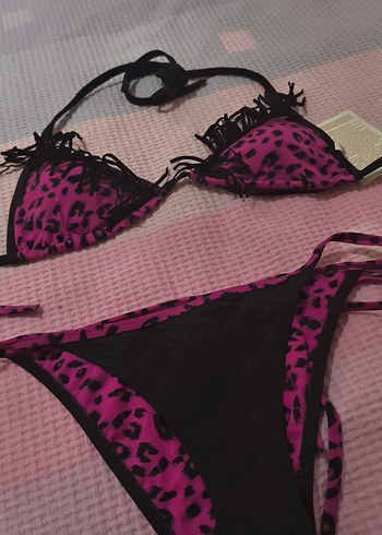 Pembe Leopar Desenli Dagi marka  üstü püskül Detaylı Bikini - Görsel 8