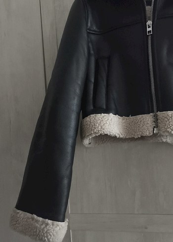 Kürk Detaylı Siyah Deri Kadın Ceket - Görsel 4