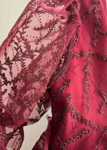 Bordo Dantelli Kız Elbisesi V Yaka - Görsel 3