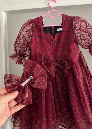 Bordo Dantelli Kız Elbisesi V Yaka - Görsel 2