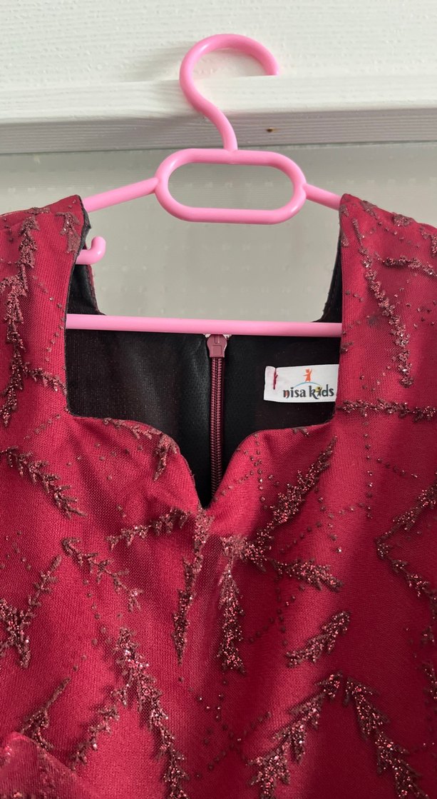 Bordo Dantelli Kız Elbisesi V Yaka - Görsel 5