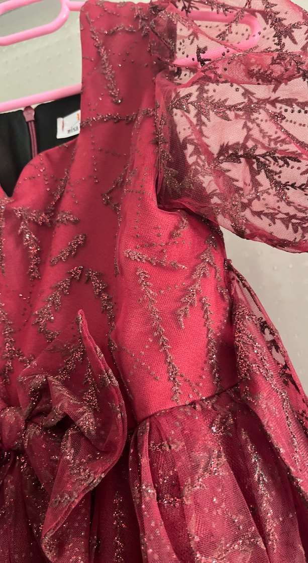 Bordo Dantelli Kız Elbisesi V Yaka - Görsel 4