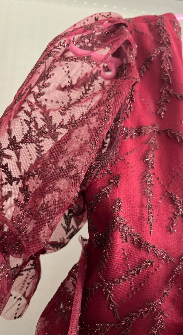 Bordo Dantelli Kız Elbisesi V Yaka - Görsel 3