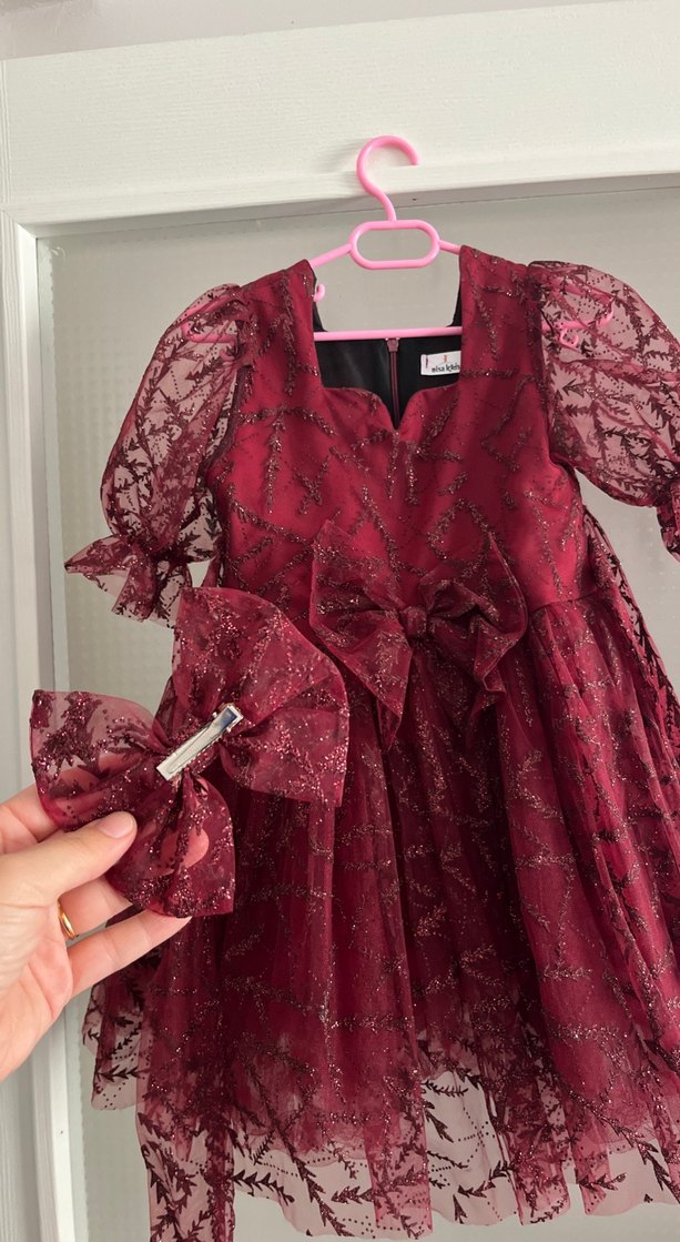 Bordo Dantelli Kız Elbisesi V Yaka - Görsel 2