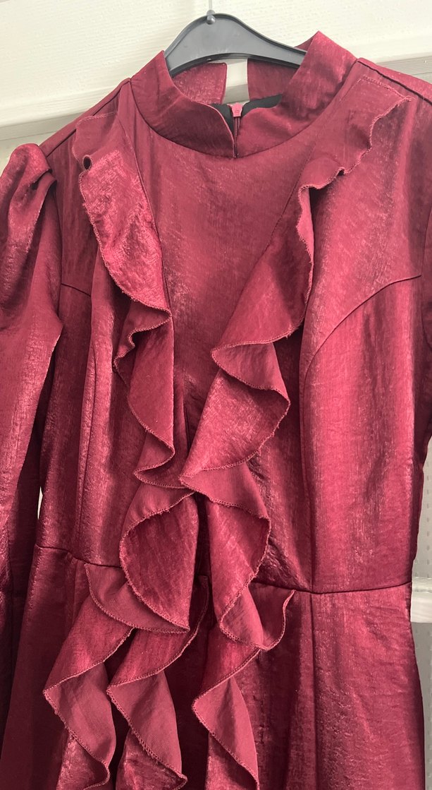 Bordo Uzun Fırfırlı Abiye Elbise - Görsel 2