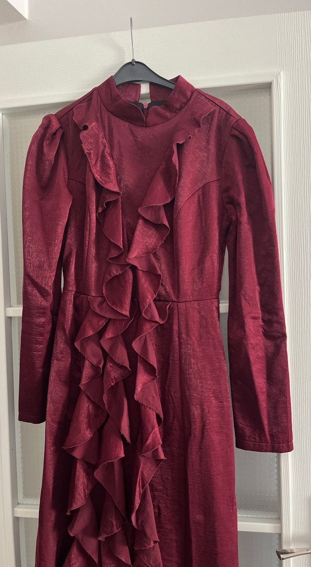 Bordo Uzun Fırfırlı Abiye Elbise - Görsel 3