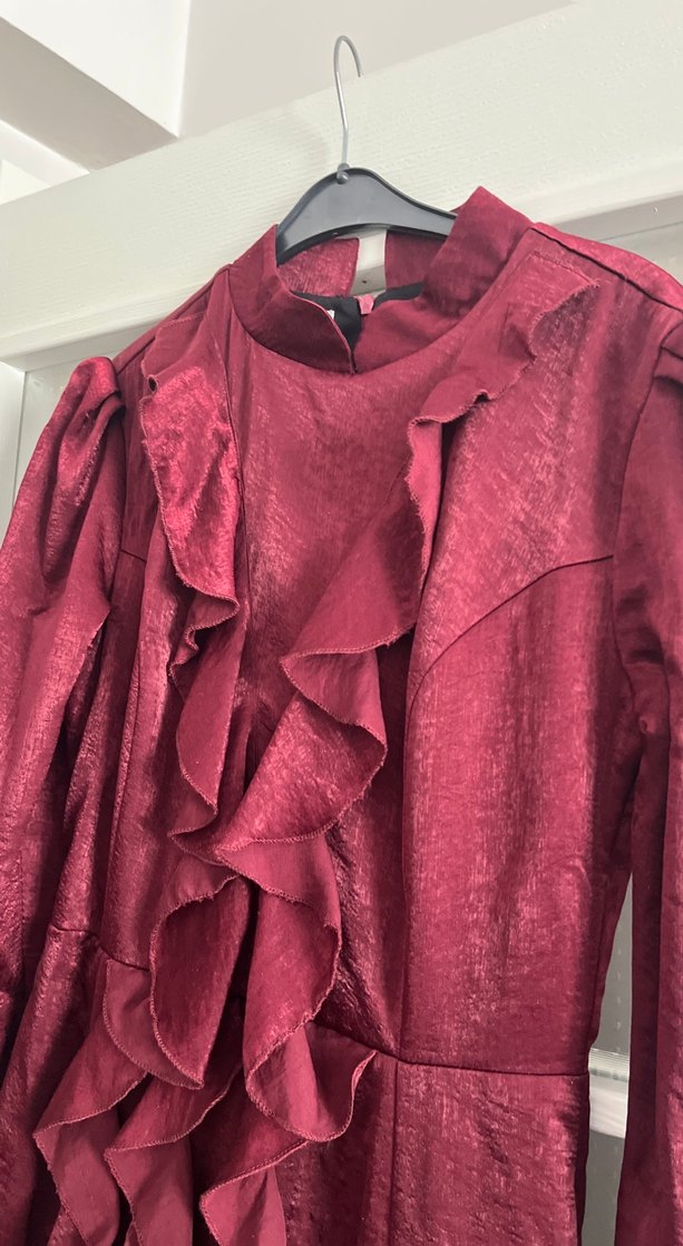 Bordo Uzun Fırfırlı Abiye Elbise - Görsel 4