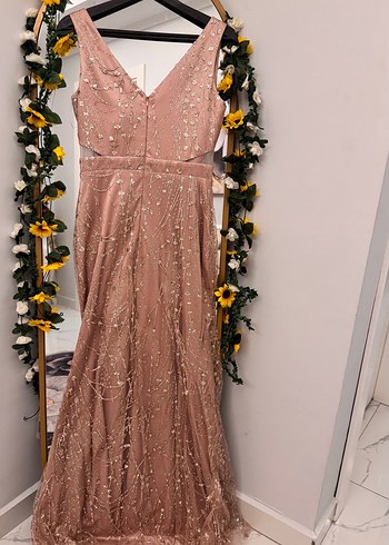 Bej İşlemeli Uzun V Yaka Abiye Elbise hiç giyilmedi - Görsel 7