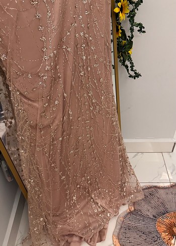 Bej İşlemeli Uzun V Yaka Abiye Elbise hiç giyilmedi - Görsel 5