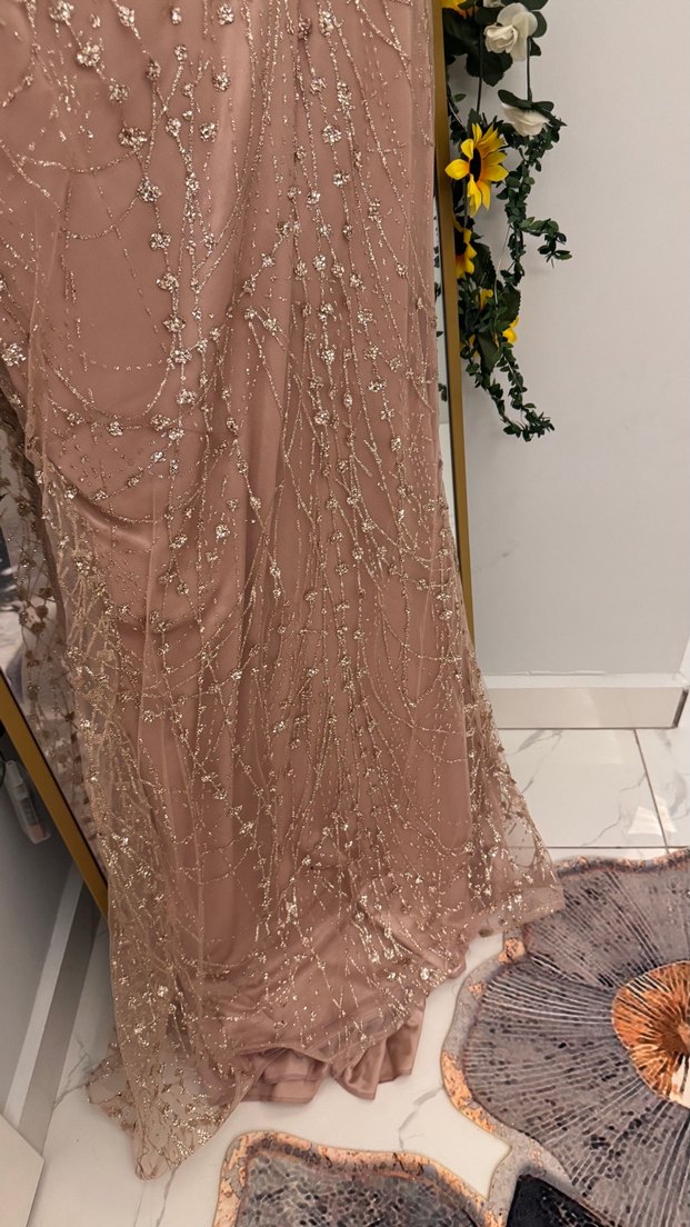 Bej İşlemeli Uzun V Yaka Abiye Elbise hiç giyilmedi - Görsel 5