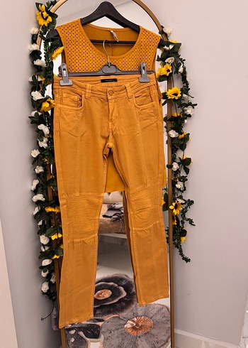 Hardal sarı Kadın kot kesim pantolon ve bluz takım - Görsel 4