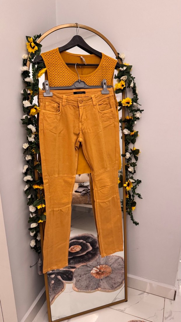 Hardal sarı Kadın kot kesim pantolon ve bluz takım - Görsel 4