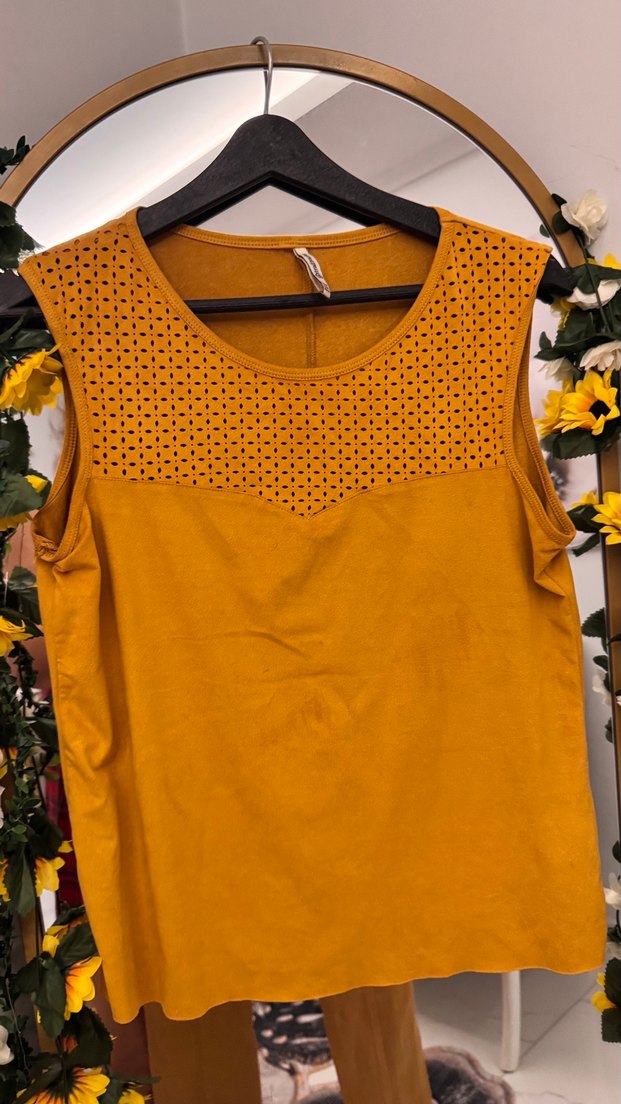 Hardal sarı Kadın kot kesim pantolon ve bluz takım - Görsel 5