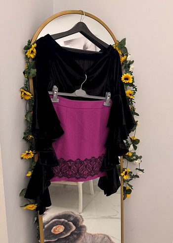 Harika ikili kadife şıklığı bluz dantel baskı mini etek - Görsel 6