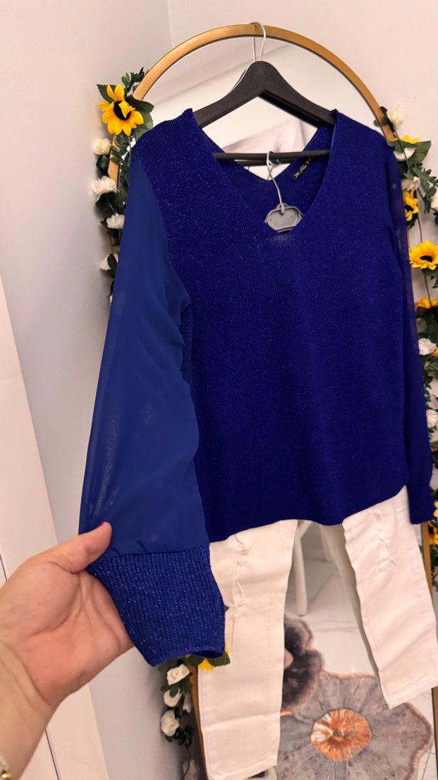 V Yaka Mavi baharlık triko  Kadın Kazak - Görsel 2