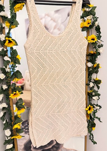 V Yaka Kolsuz Bej Örgü Bohem Elbise - Görsel 5