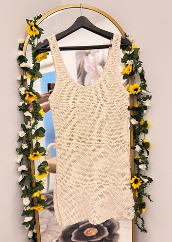 V Yaka Kolsuz Bej Örgü Bohem Elbise - Görsel 3