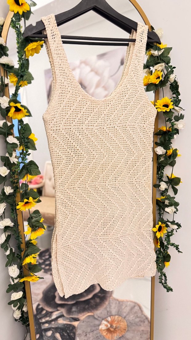 V Yaka Kolsuz Bej Örgü Bohem Elbise - Görsel 5