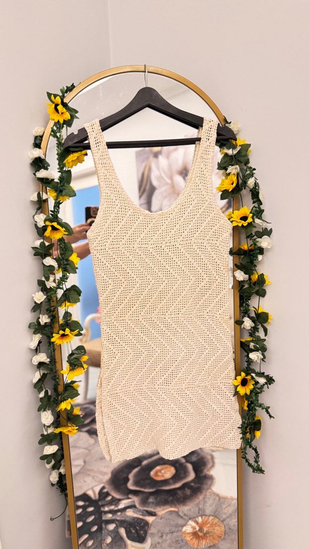 V Yaka Kolsuz Bej Örgü Bohem Elbise - Görsel 3