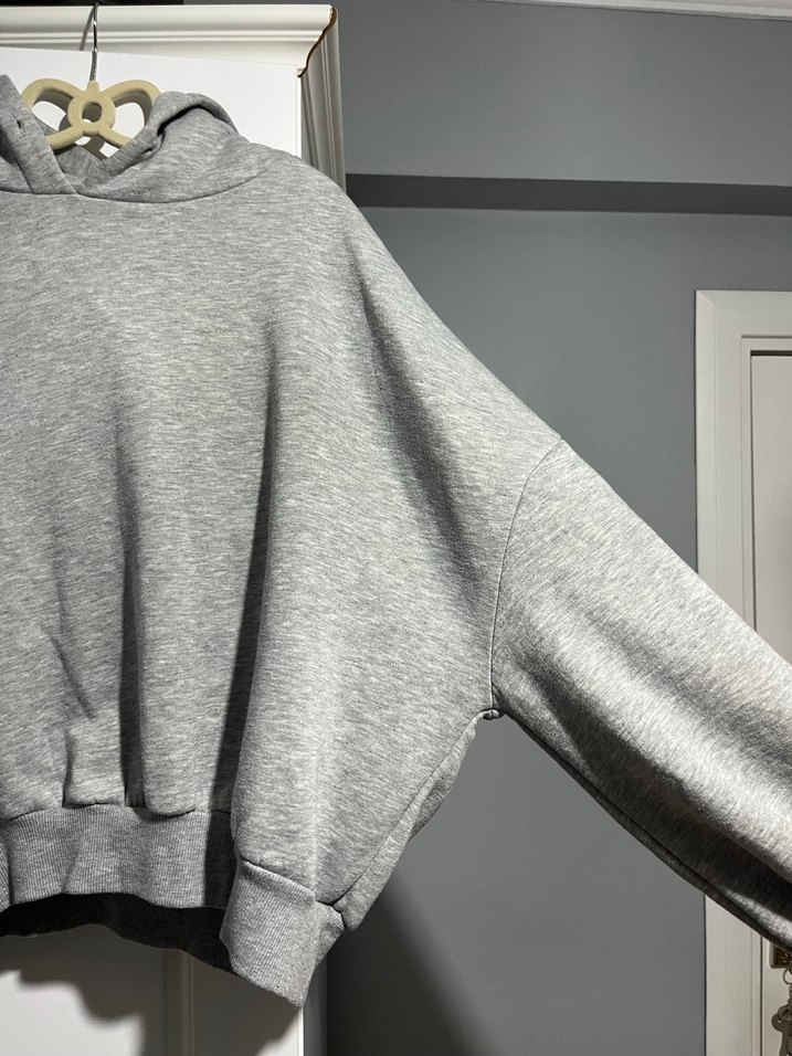 Gri Kadın Kapüşonlu Salaş Sweatshirt - Görsel 3