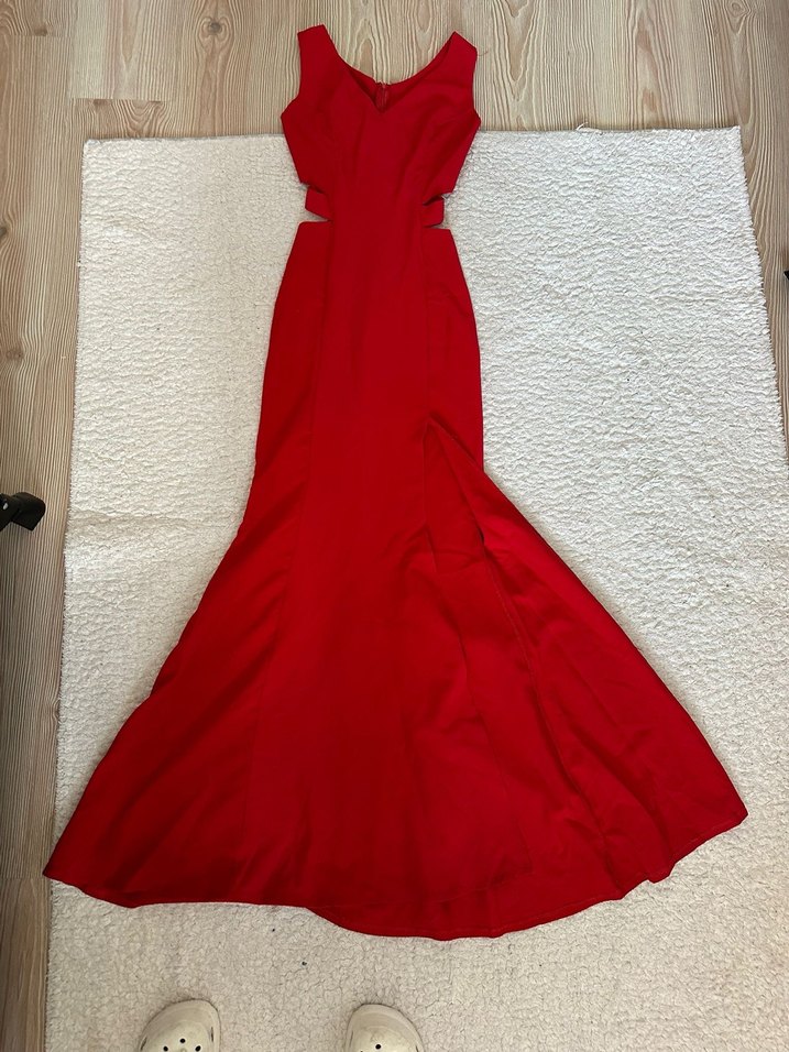Parlak Kırmızı Drapeli Uzun Kadın Elbise - Görsel 2