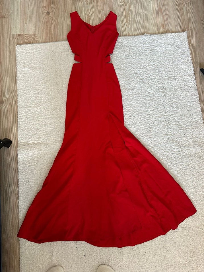 Parlak Kırmızı Drapeli Uzun Kadın Elbise - Görsel 4