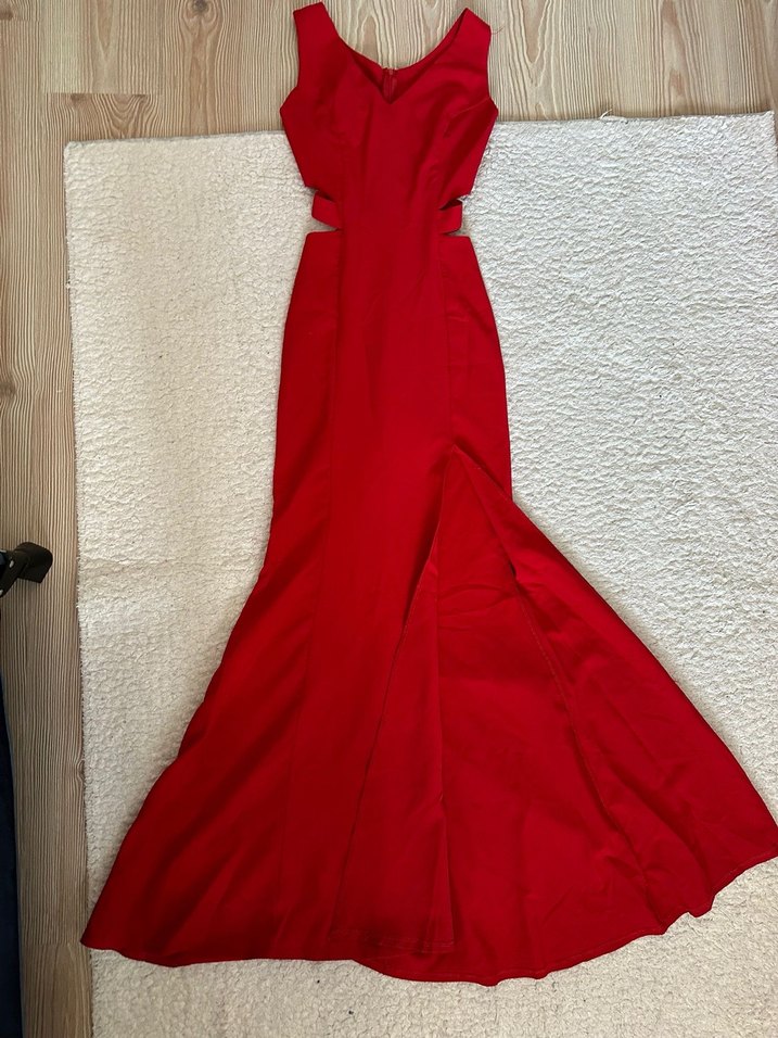 Parlak Kırmızı Drapeli Uzun Kadın Elbise - Görsel 3