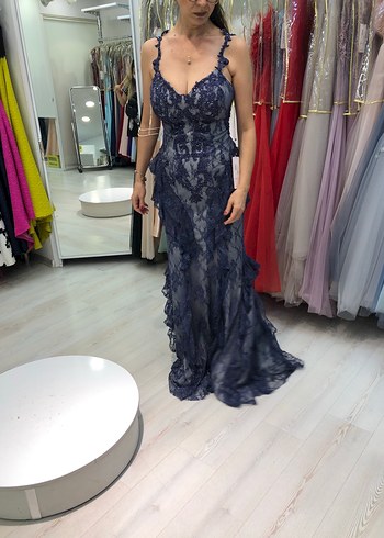 Dantel Detaylı Lacivert Uzun Abiye Elbise - Görsel 5