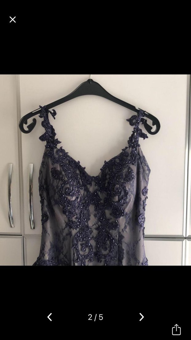 Dantel Detaylı Lacivert Uzun Abiye Elbise - Görsel 3