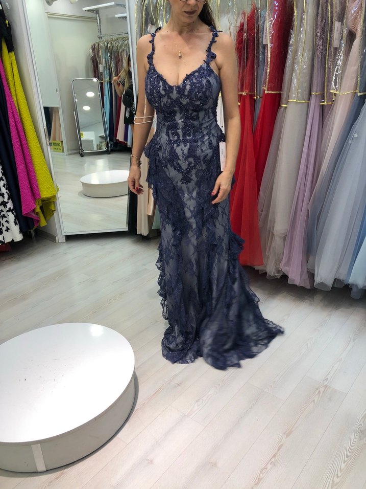Dantel Detaylı Lacivert Uzun Abiye Elbise - Görsel 5