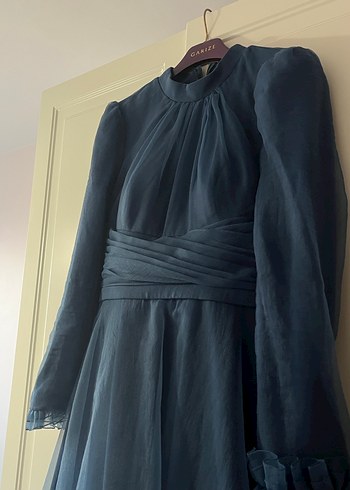 Lacivert Uzun Kollu Drapeli Abiye Elbise - Görsel 5