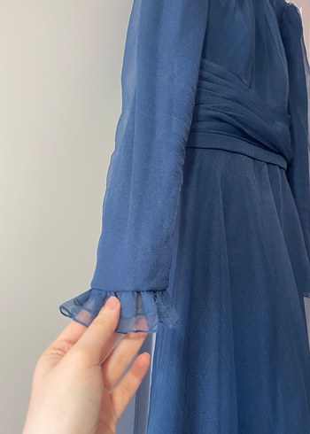 Lacivert Uzun Kollu Drapeli Abiye Elbise - Görsel 2