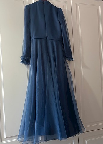 Lacivert Uzun Kollu Drapeli Abiye Elbise - Görsel 6
