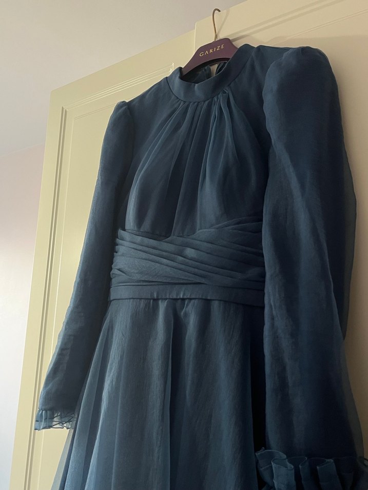 Lacivert Uzun Kollu Drapeli Abiye Elbise - Görsel 5