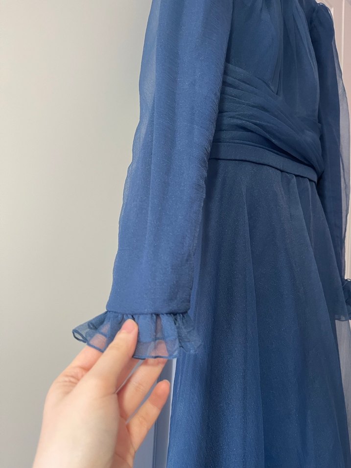 Lacivert Uzun Kollu Drapeli Abiye Elbise - Görsel 2