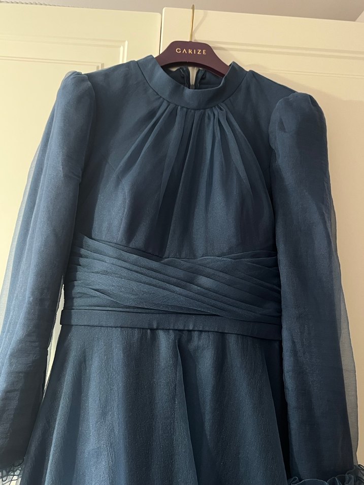 Lacivert Uzun Kollu Drapeli Abiye Elbise - Görsel 4