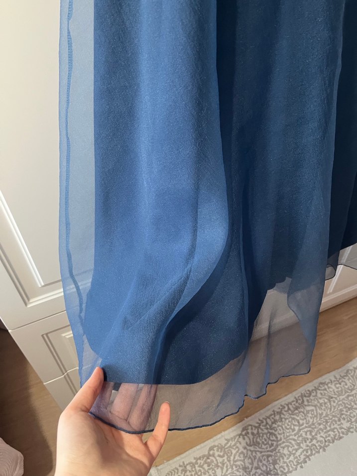 Lacivert Uzun Kollu Drapeli Abiye Elbise - Görsel 3