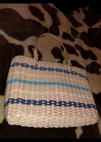 hasır  Mavi çizgili Örgü Bohem Kadın Çanta - Görsel 2