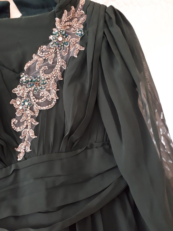 Uzun yeşil Gotik Kadın Abiye Elbise - Görsel 4