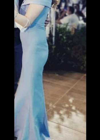 Uzun Askılı Drapeli Mavi Abiye Elbise - Görsel 6