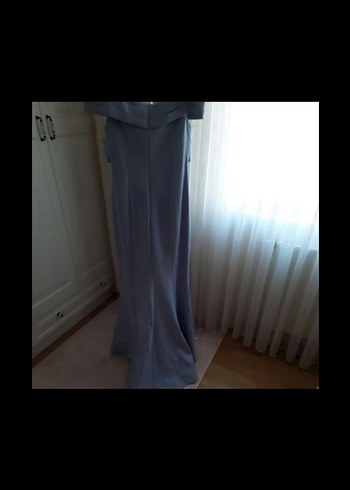 Uzun Askılı Drapeli Mavi Abiye Elbise - Görsel 3