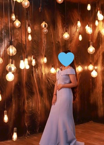 Uzun Askılı Drapeli Mavi Abiye Elbise - Görsel 8