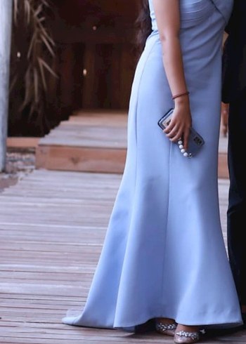 Uzun Askılı Drapeli Mavi Abiye Elbise - Görsel 7