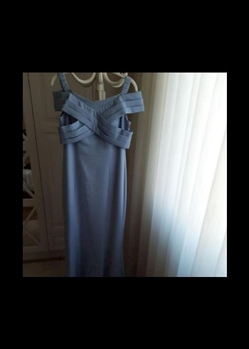 Uzun Askılı Drapeli Mavi Abiye Elbise - Görsel 2