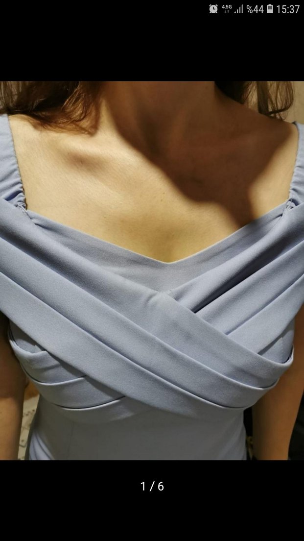 Uzun Askılı Drapeli Mavi Abiye Elbise - Görsel 4