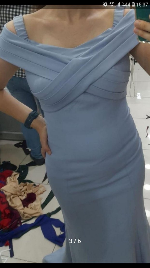 Uzun Askılı Drapeli Mavi Abiye Elbise - Görsel 5